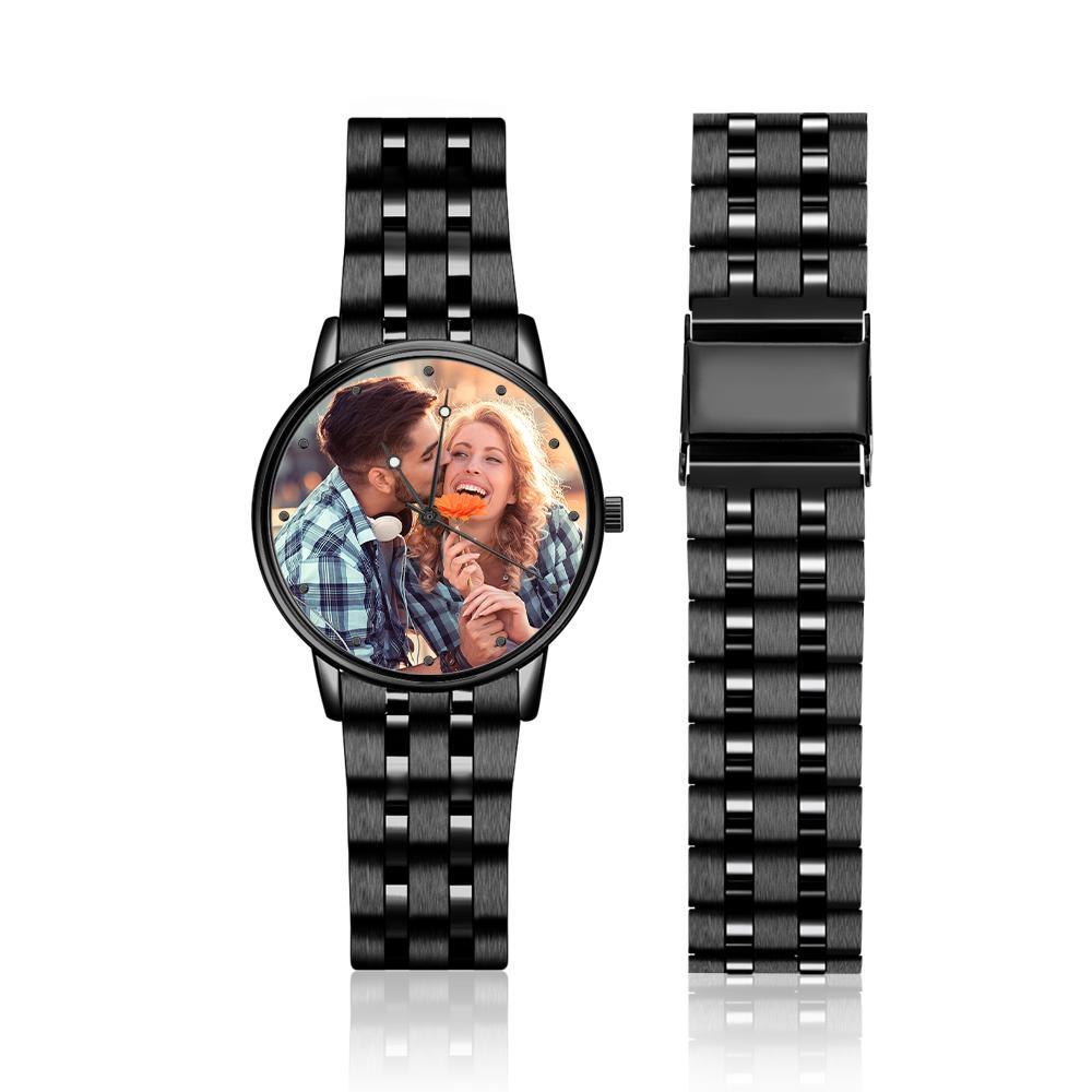 Men's Engraved Photo Watch Calendar Black Alloy Bracelet - soufeelus