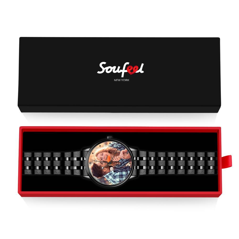 Men's Engraved Photo Watch Calendar Black Alloy Bracelet - soufeelus