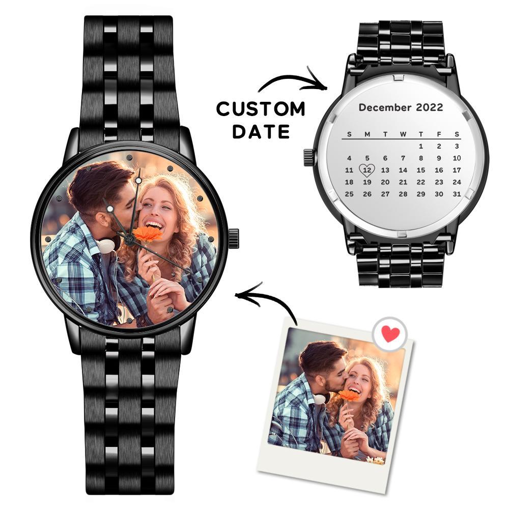 Men's Engraved Photo Watch Calendar Black Alloy Bracelet - soufeelus