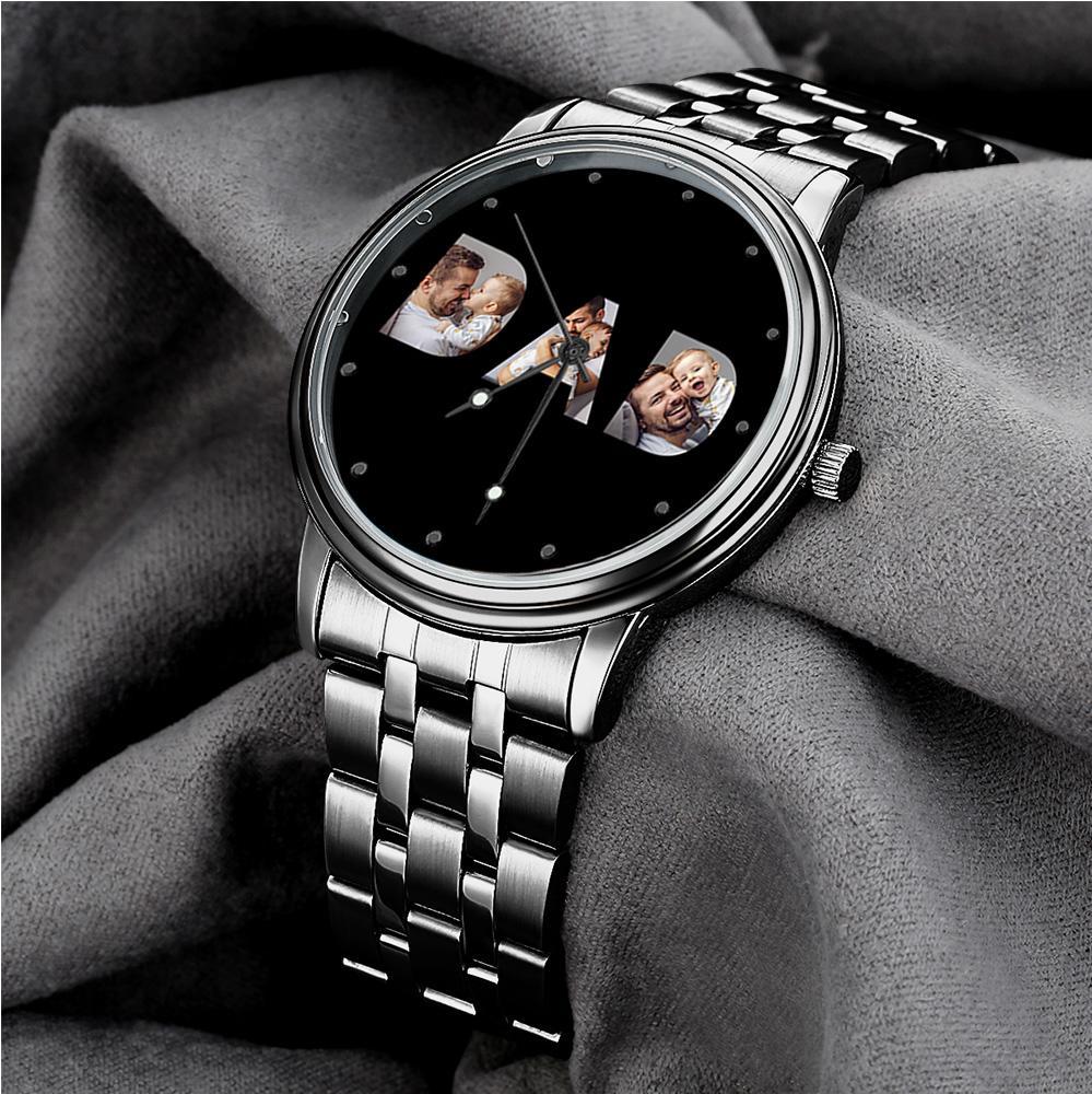 Custom Photo Watch Men's Black Alloy Watch Bracelet for Dad - soufeelus