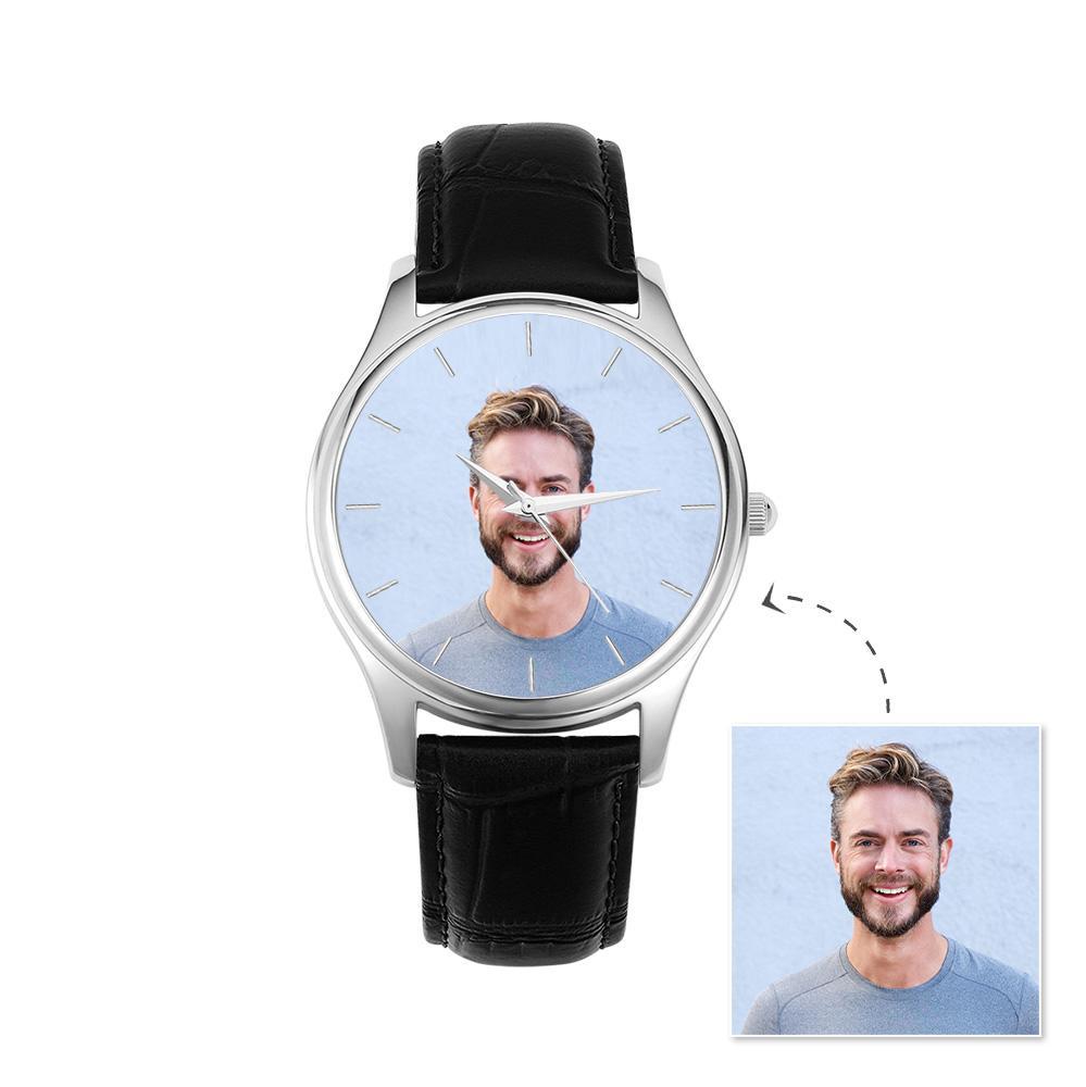 Custom Name Photo Watch 40mm Black Leather Strap Personalized Gift for Him - soufeelus