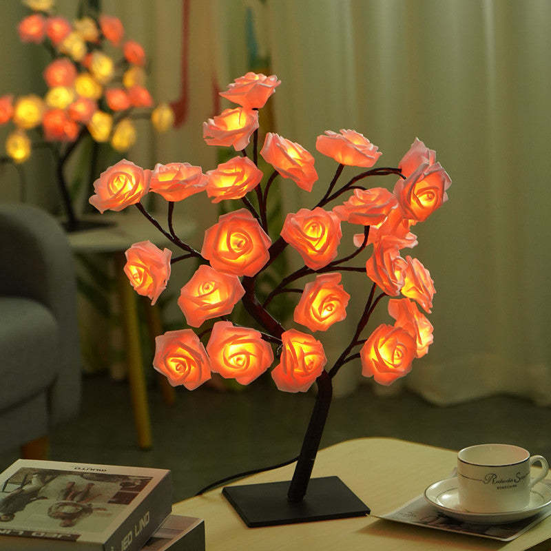 LED Simulation Flower Rose Tree Light Decorative Night Light Anniversary Gift for Lover - Pink & White - soufeelus