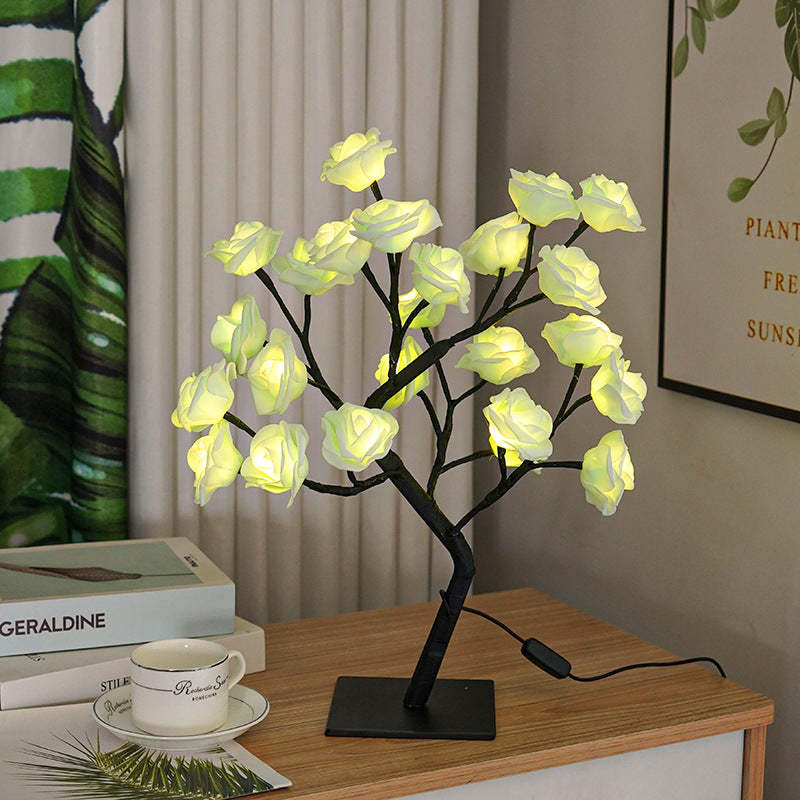 LED Simulation Flower Rose Tree Light Decorative Night Light Anniversary Gift for Lover - Pink & White - soufeelus