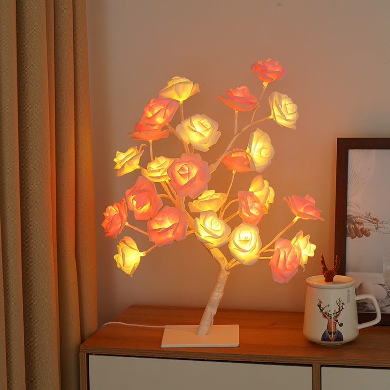 LED Simulation Flower Rose Tree Light Decorative Night Light Anniversary Gift for Lover - Pink & White - soufeelus