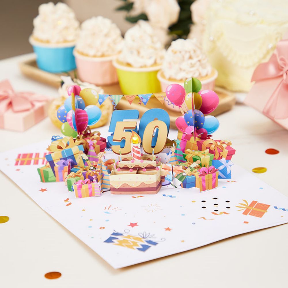 Lights and Music 50th Happy Birthday 3D Pop Up Greeting Card for Her or Him - soufeelus