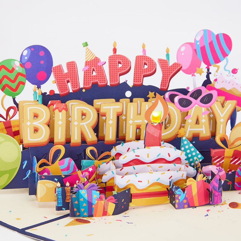 Lights Happy Birthday Pop Up Card Music Birthday Candles 3D Pop Up Greeting Card - soufeelus