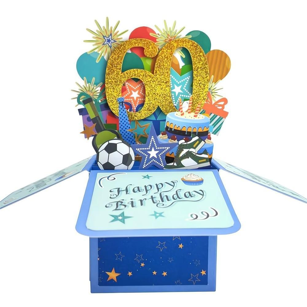 Blue Birthday Pop Up Box Card 60th Birthday 3D Pop Up Greeting Card - soufeelus