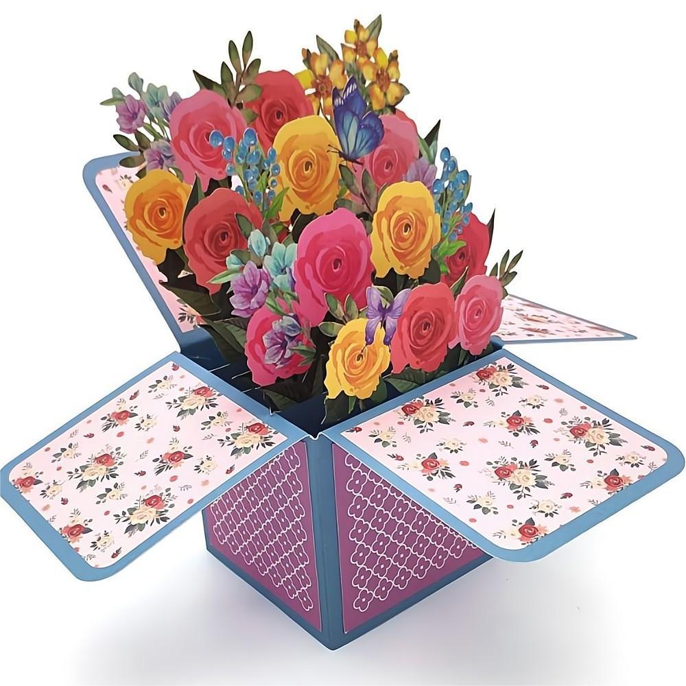Roses Pop Up Box Card Flower 3D Pop Up Greeting Card - soufeelus