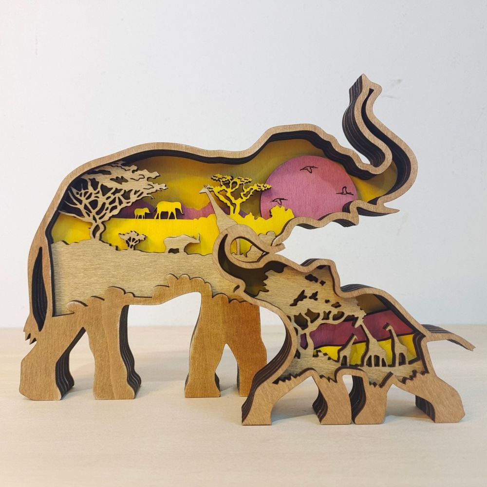 3D Wooden Elephant Light Wooden Carved Cute Animal Desktop Ornaments