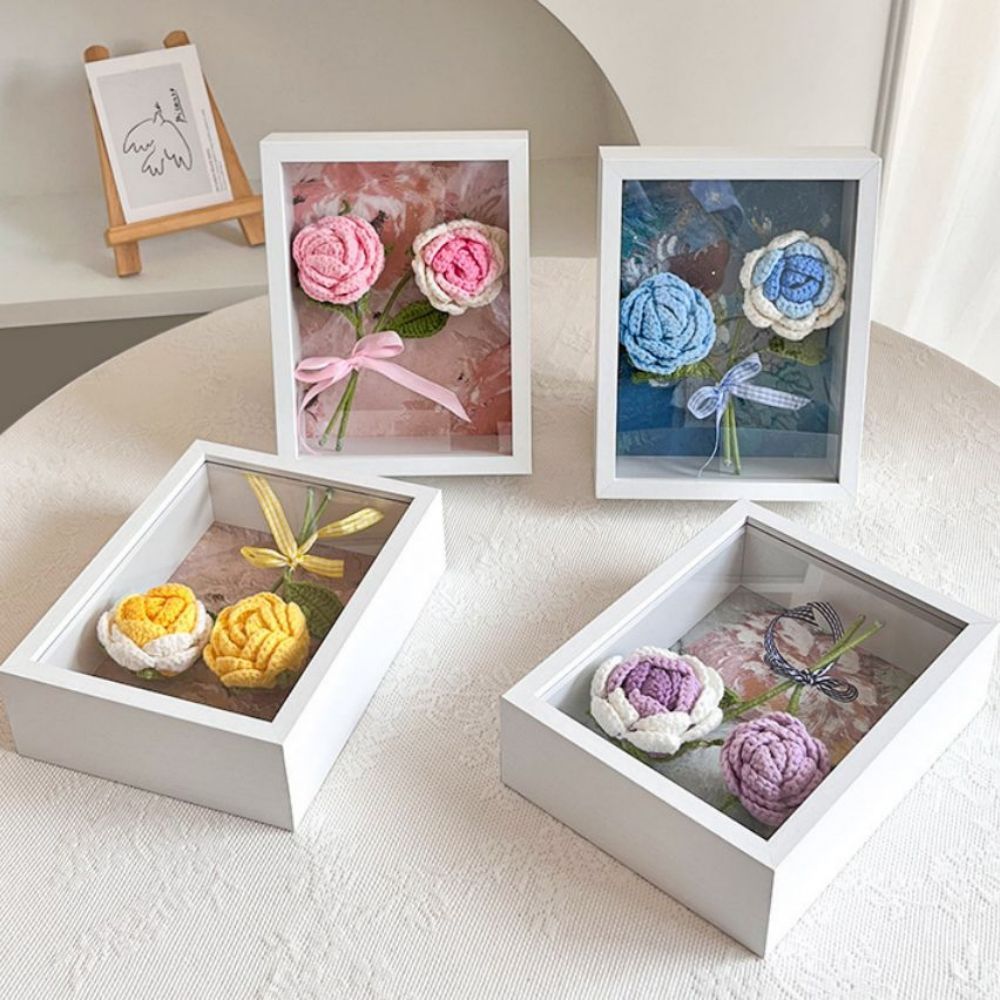 Crochet Bouquets Photo Frame Handmade Knitted Flower Shadowbox Frame Desktop Decoration - soufeelus