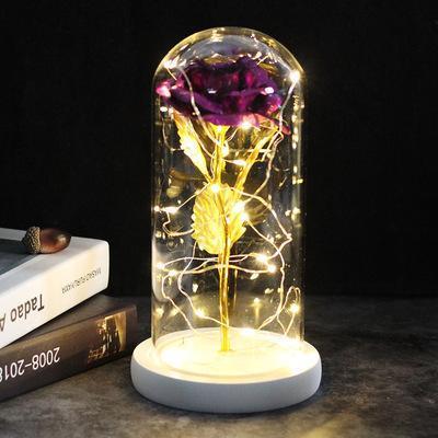 Romantic Simulation Eternal Purple Rose Flower Glass Cover LED Micro Landscape Gifts for Lover at Christmas, Valentine's Day and Anniversary