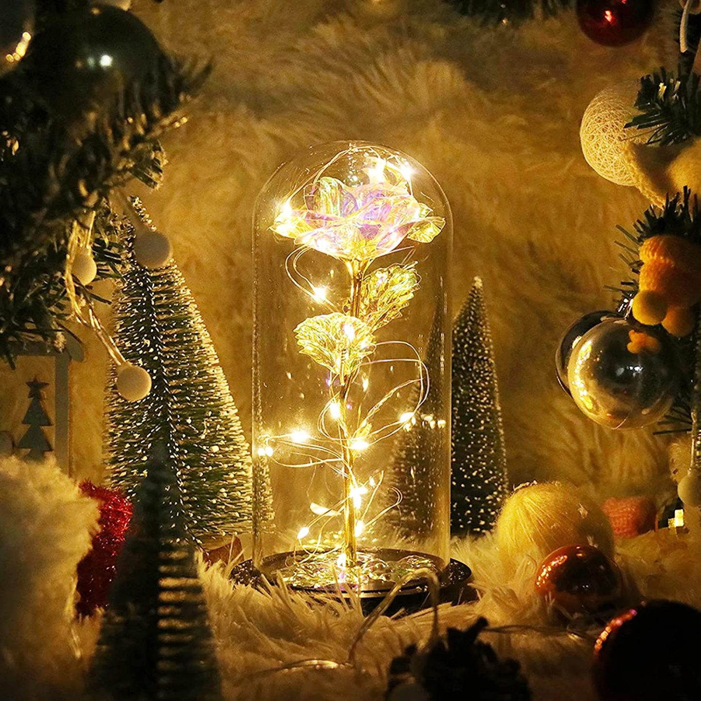 Romantic Simulation Eternal White Flower Glass Cover LED Micro Landscape Gifts at Christmas, Valentine's Day and Anniversary