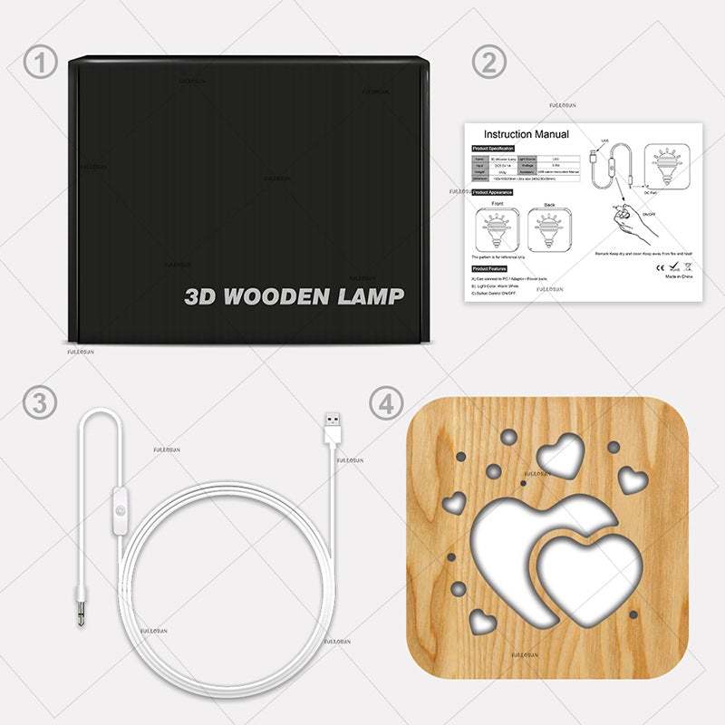Love Heart Wood Lamp Night Light Room Decor Valentine's Day Gift for Girl