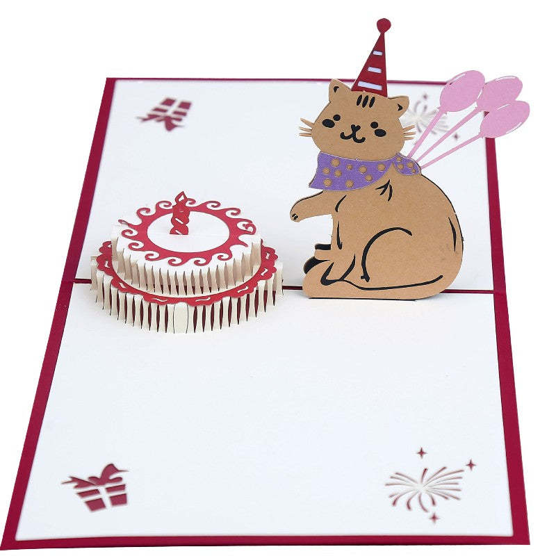 Cat Birthday Card 3D Pop-up Greeting Card Creative Cake Gift Card -