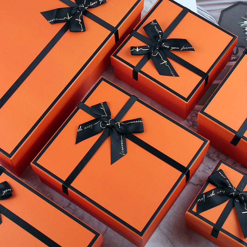 Orange Square Shaped Presentation Gift Box with Bow Ribbon -