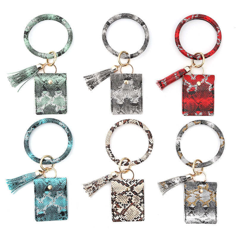 Leather Wristlet Circle Keychain Bangle Card Pocket for Women - soufeelus