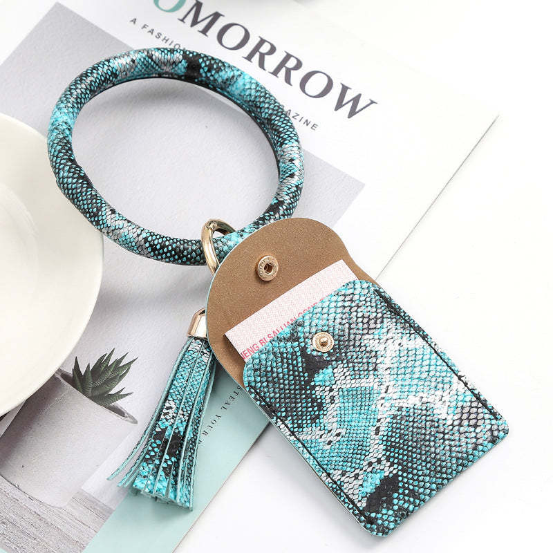 Leather Wristlet Circle Keychain Bangle Card Pocket for Women - soufeelus
