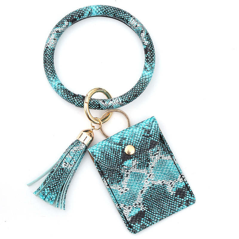 Leather Wristlet Circle Keychain Bangle Card Pocket for Women - soufeelus