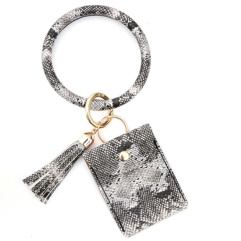 Leather Wristlet Circle Keychain Bangle Card Pocket for Women - soufeelus