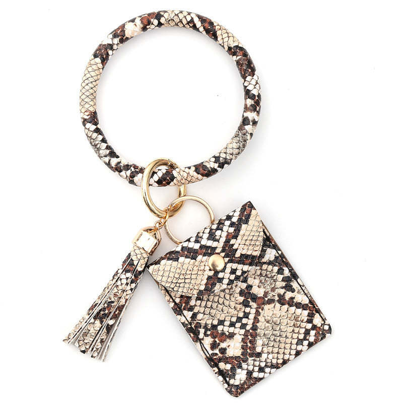 Leather Wristlet Circle Keychain Bangle Card Pocket for Women - soufeelus