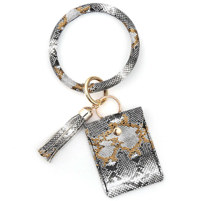 Leather Wristlet Circle Keychain Bangle Card Pocket for Women - soufeelus
