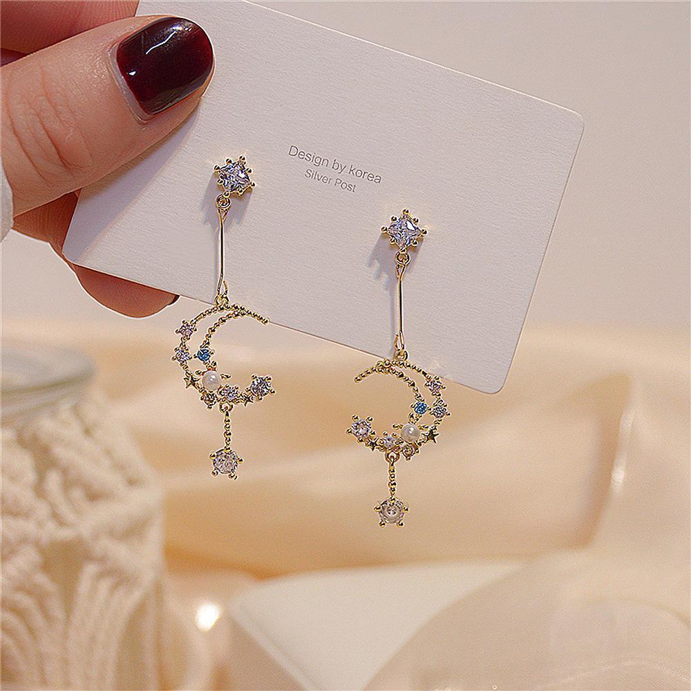 Moon and Star Celestial Pearl Night Sky Drop Earrings - soufeelus