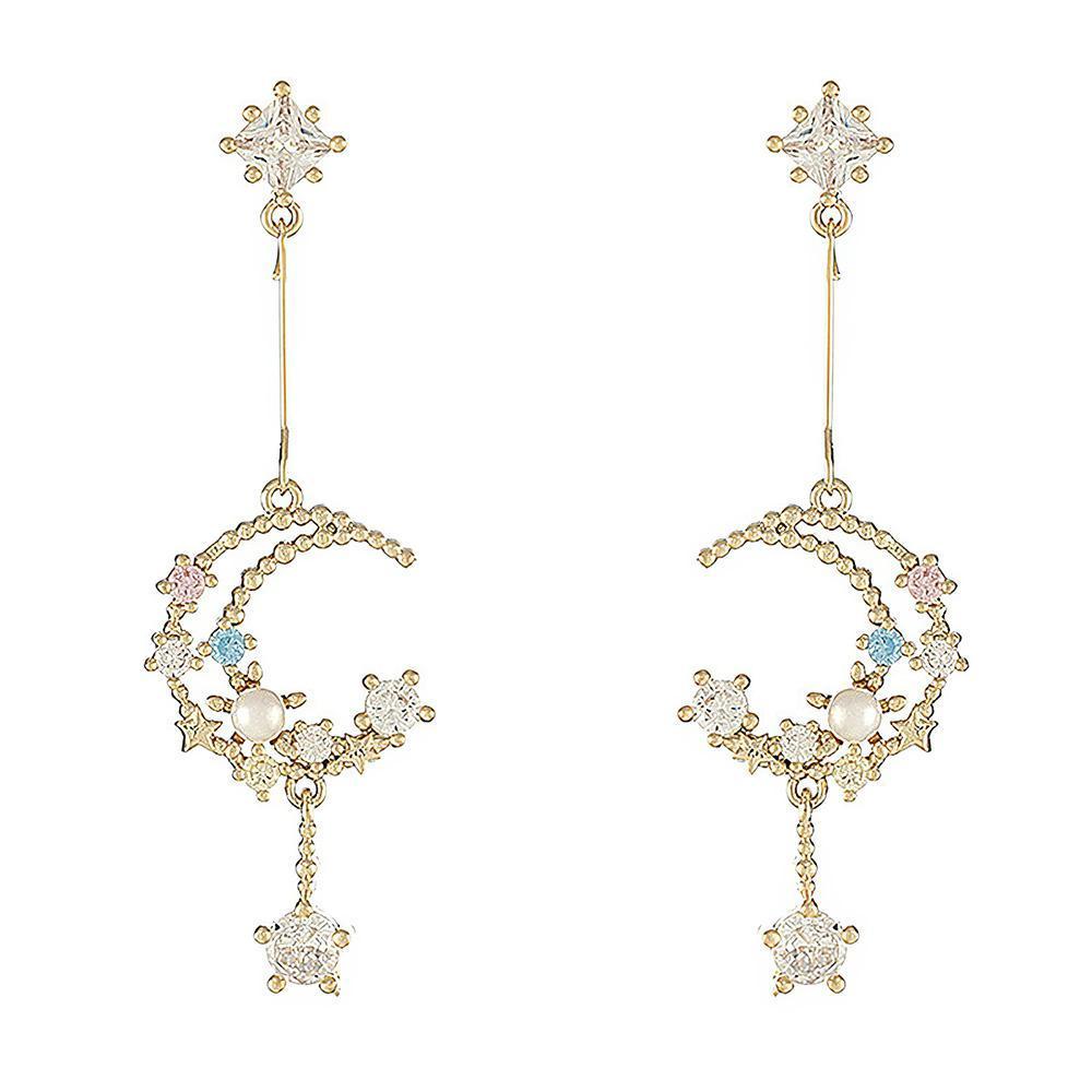 Moon and Star Celestial Pearl Night Sky Drop Earrings - soufeelus