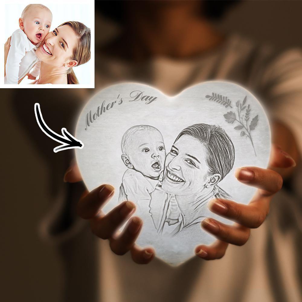 Photo Moon Lamp Custom 3D Photo Light Lamp Moon Heart Shape for Mother - Touch Three Colors 4.72inch 5.9inch Available - soufeelus