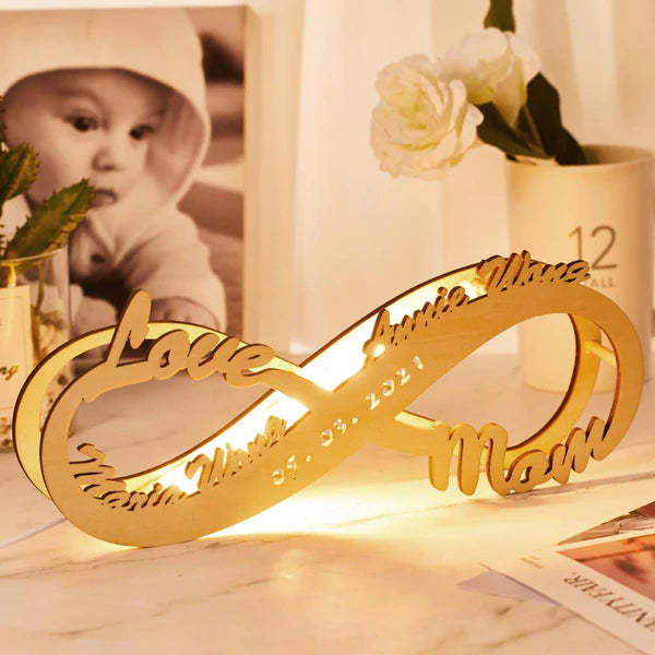 Custom Night light Engraved Infinity Wooden Lamp Desk Decor Personalized Name Sign Light Gift For Her