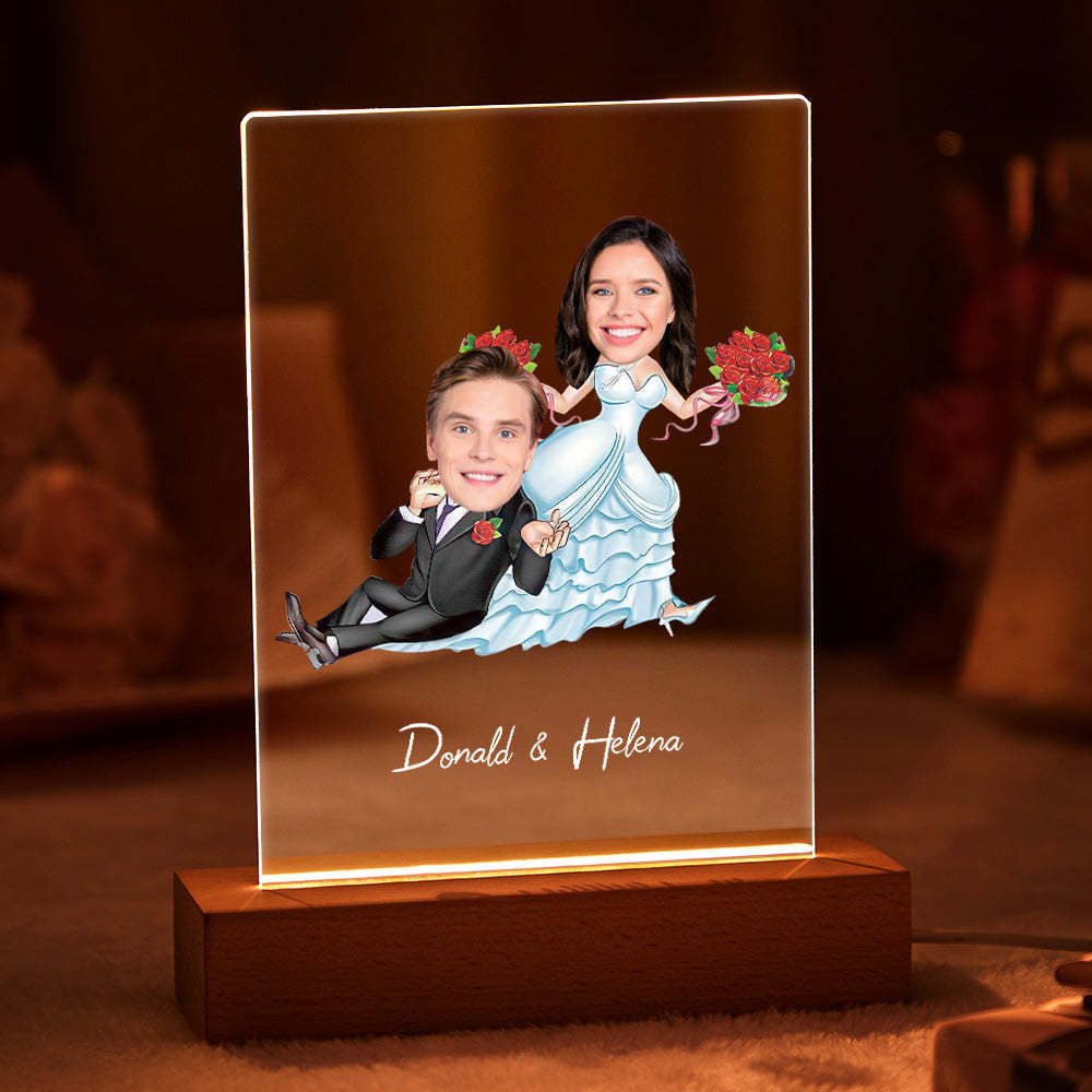 Personalized Couple Photo and Name Acrylic Led Lamp Wooden Base -
