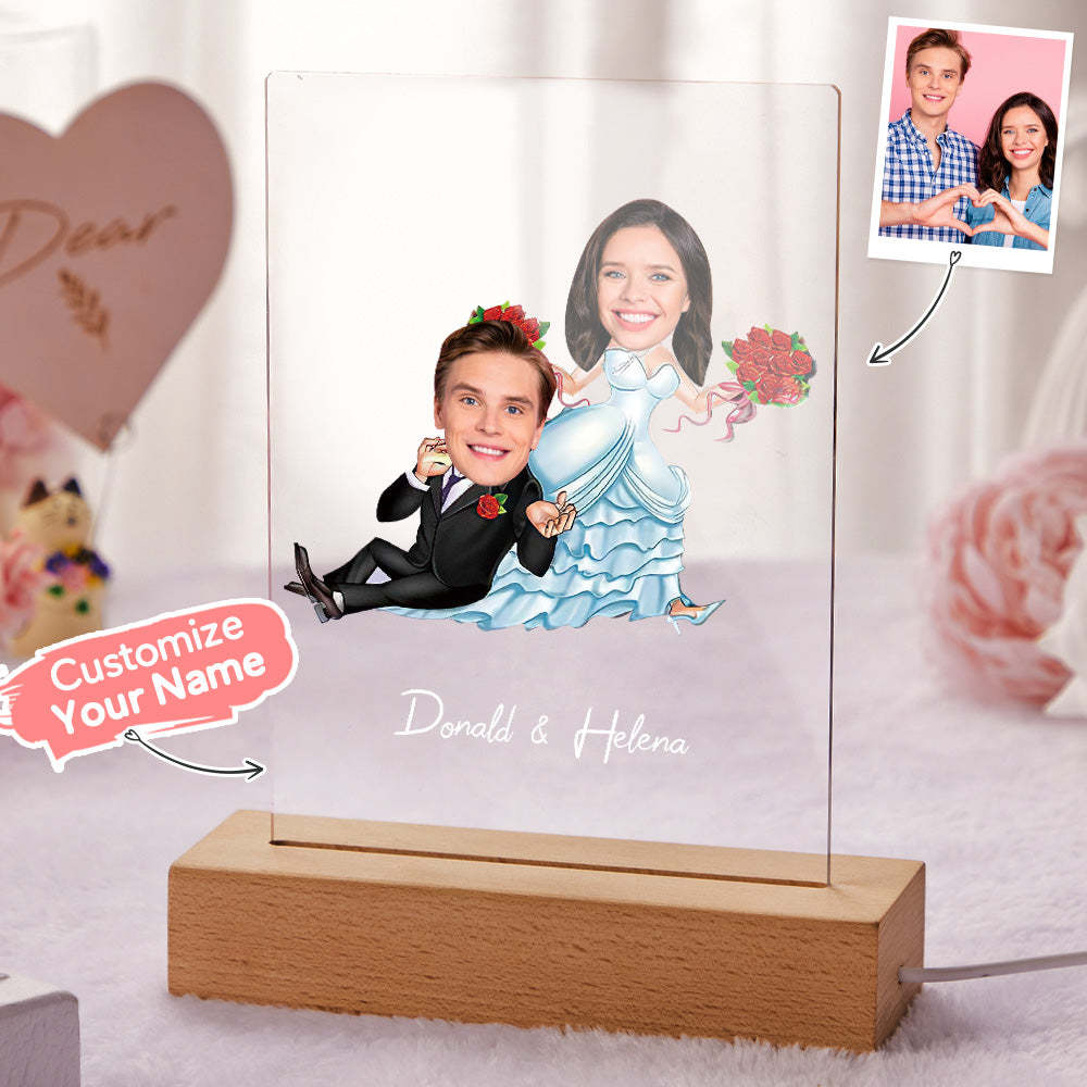 Personalized Couple Photo and Name Acrylic Led Lamp Wooden Base -