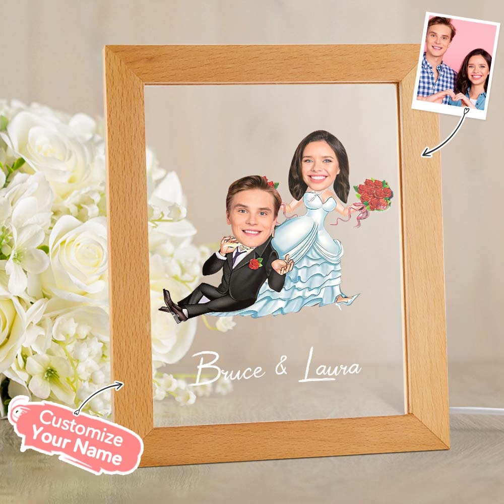Personalized Couple Photo and Name Acrylic Led Lamp Wooden Base -
