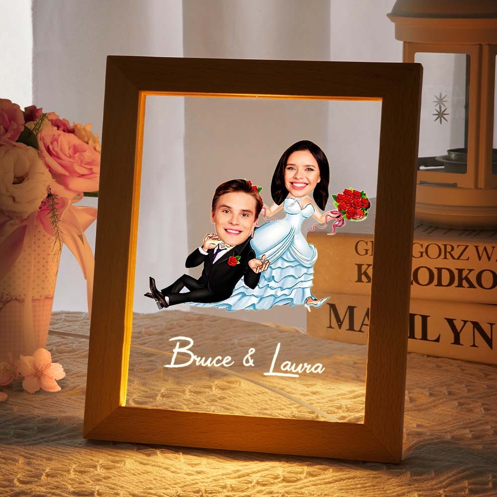 Personalized Couple Photo and Name Acrylic Led Lamp Wooden Base -