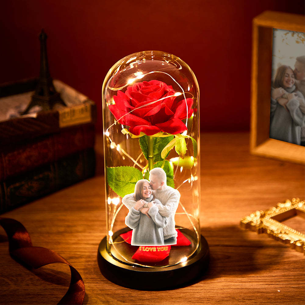 Custom Photo Text Eternal Rose Flower LED Night Light Romantic Simulation Eternal Rose Flower Glass Cover for Anniversary and Valentine's Day -