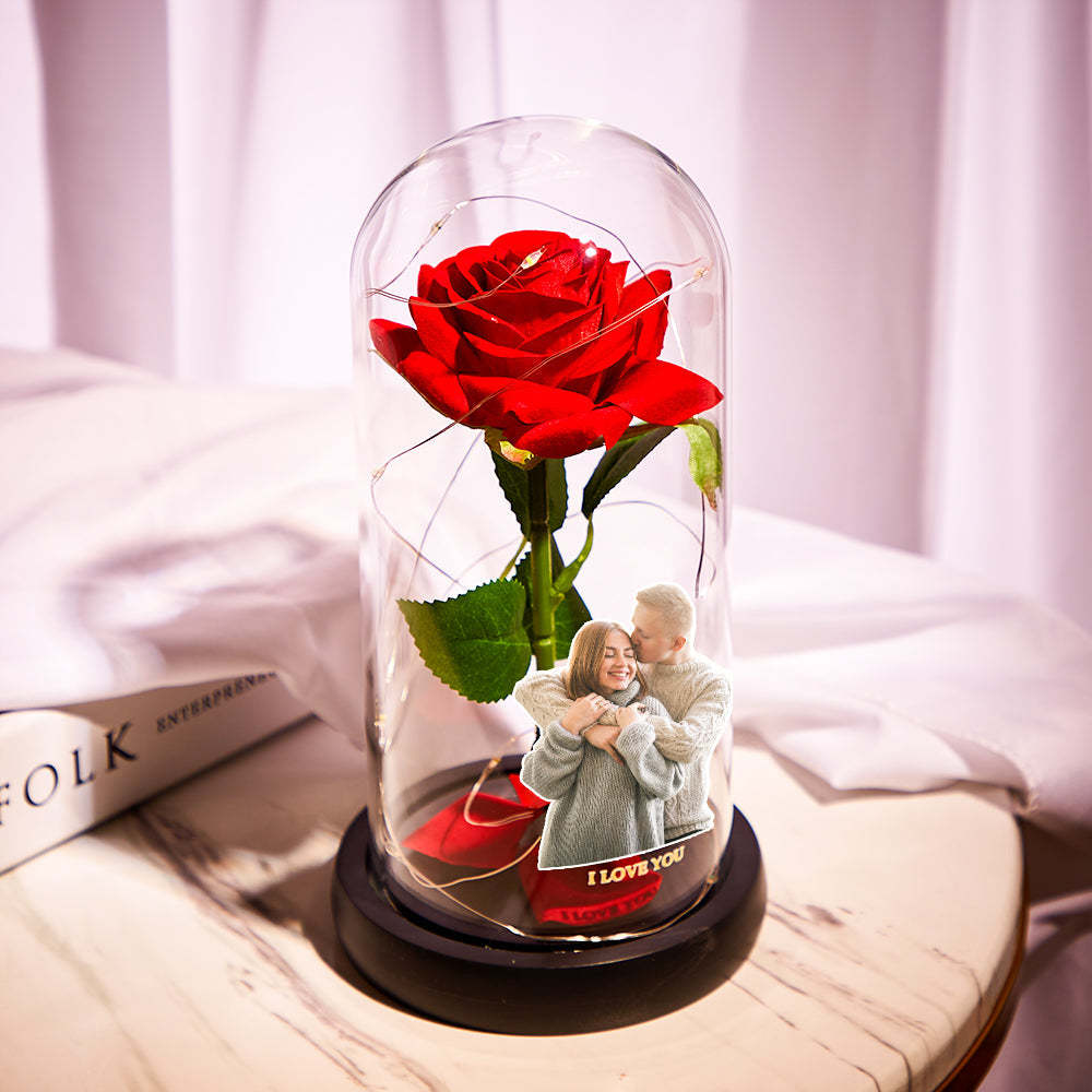 Custom Photo Text Eternal Rose Flower LED Night Light Romantic Simulation Eternal Rose Flower Glass Cover for Anniversary and Valentine's Day -