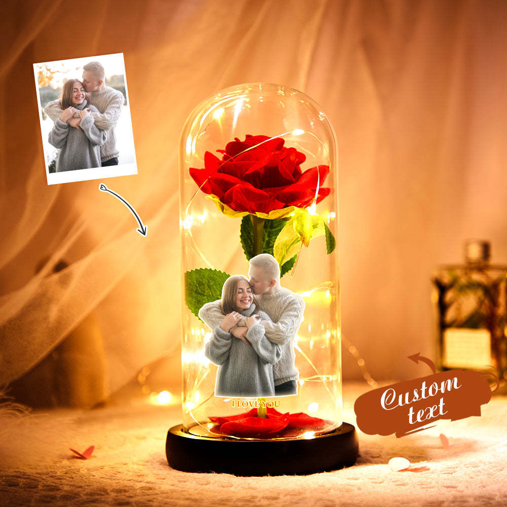 Custom Photo Text Eternal Rose Flower LED Night Light Romantic Simulation Eternal Rose Flower Glass Cover for Anniversary and Valentine's Day - 