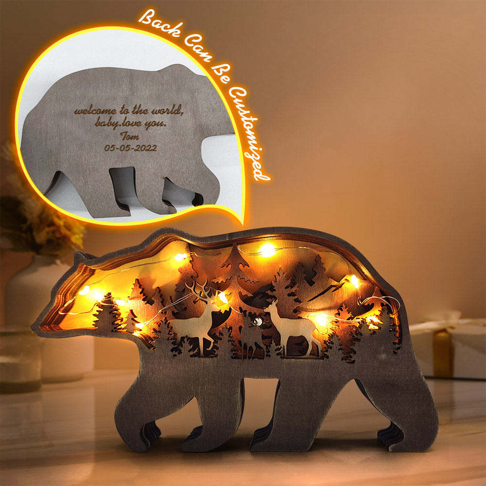 Custom Animal Wooden Statue Home Ornament Multi layer Woodland Bear Silhouette Decor for Shelf Table Wood Statue - soufeelus