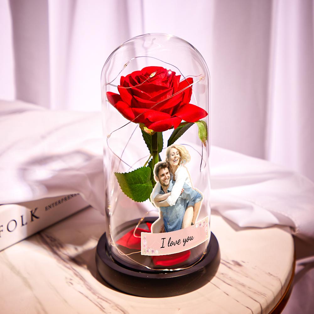 Custom Photo Text Eternal Rose Flower Glass Cover LED Night Light Romantic Simulation Gift For Her detail