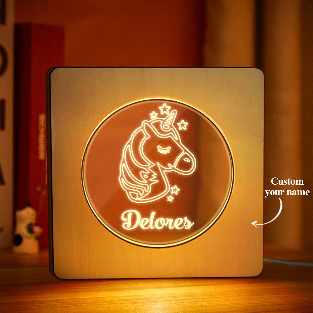 Custom Engraved Name Night Light Personalized Unicorn Wooden Frame Lamp Gift - soufeelus