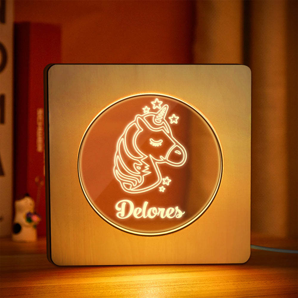 Custom Engraved Name Night Light Personalized Unicorn Wooden Frame Lamp Gift - soufeelus