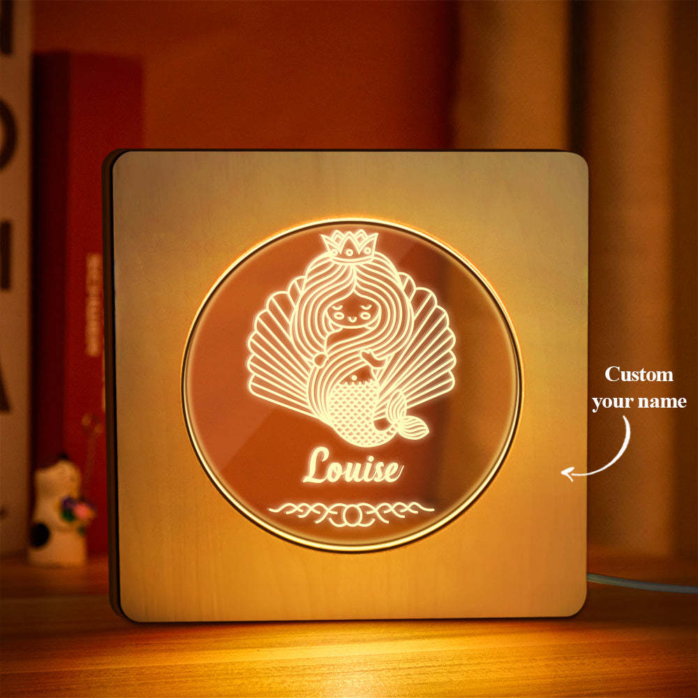 Custom Engraved Name Night Light Personalized Mermaid Wooden Frame Lamp Gift - soufeelus