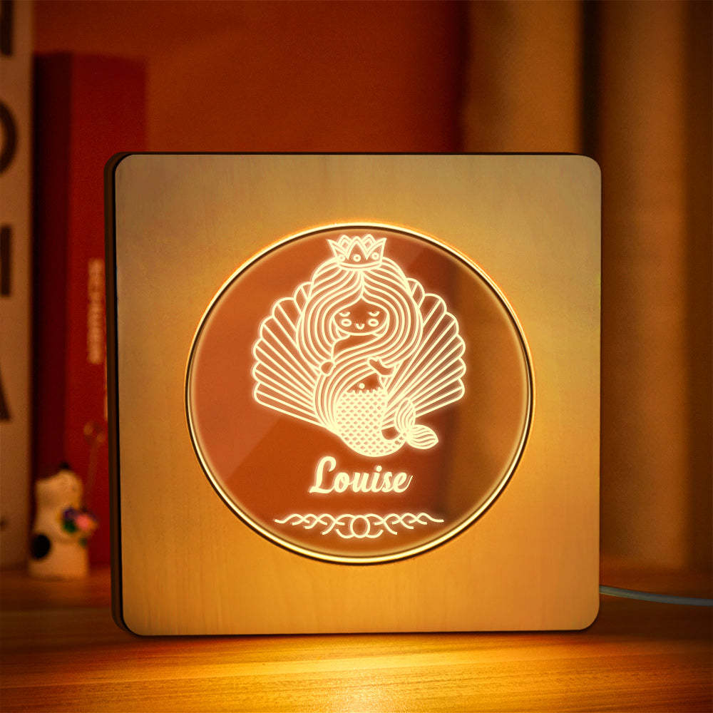 Custom Engraved Name Night Light Personalized Mermaid Wooden Frame Lamp Gift - soufeelus