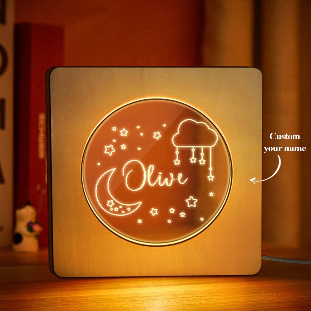 Custom Engraved Name Night Light Personalized Star Moon Wooden Frame Lamp Gift - soufeelus