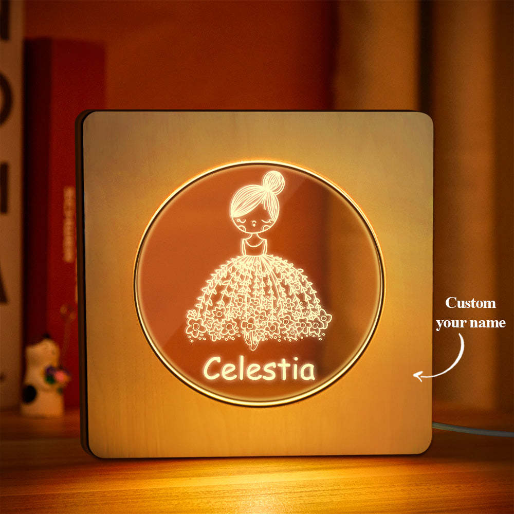 Custom Engraved Name Night Light Personalized Flower Skirt Girl Wooden Frame Lamp Gift for Girl - soufeelus