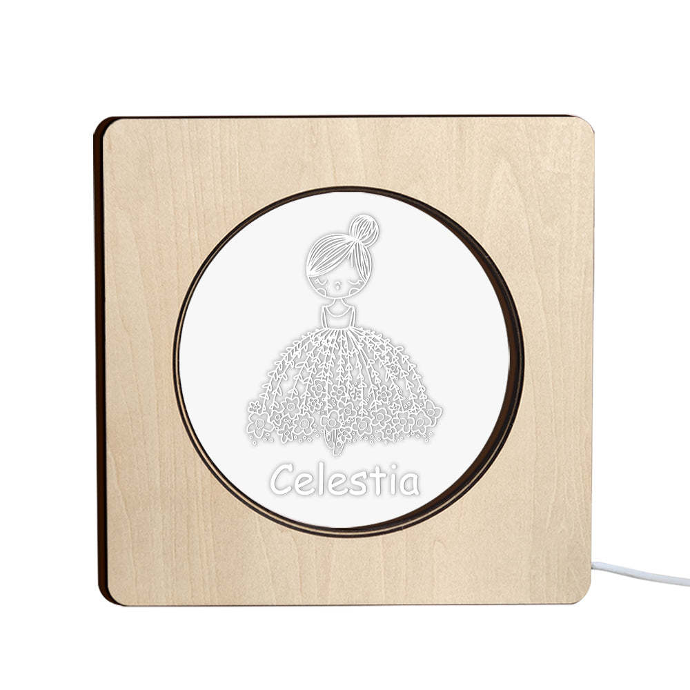 Custom Engraved Name Night Light Personalized Flower Skirt Girl Wooden Frame Lamp Gift for Girl - soufeelus