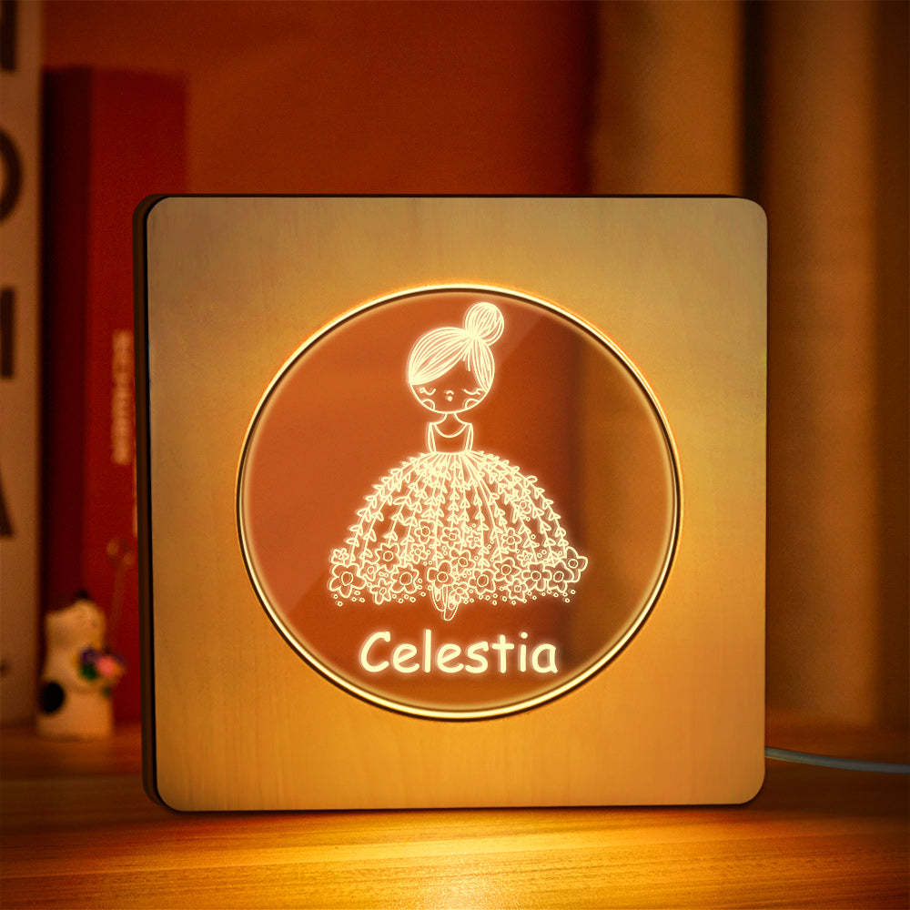 Custom Engraved Name Night Light Personalized Flower Skirt Girl Wooden Frame Lamp Gift for Girl - soufeelus