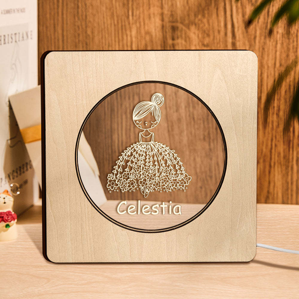 Custom Engraved Name Night Light Personalized Flower Skirt Girl Wooden Frame Lamp Gift for Girl - soufeelus