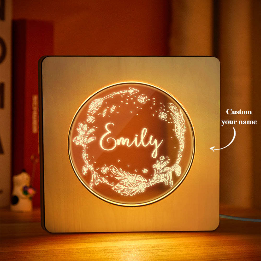 Custom Engraved Name Night Light Personalized Dream Feather Wooden Frame Lamp Gift - soufeelus
