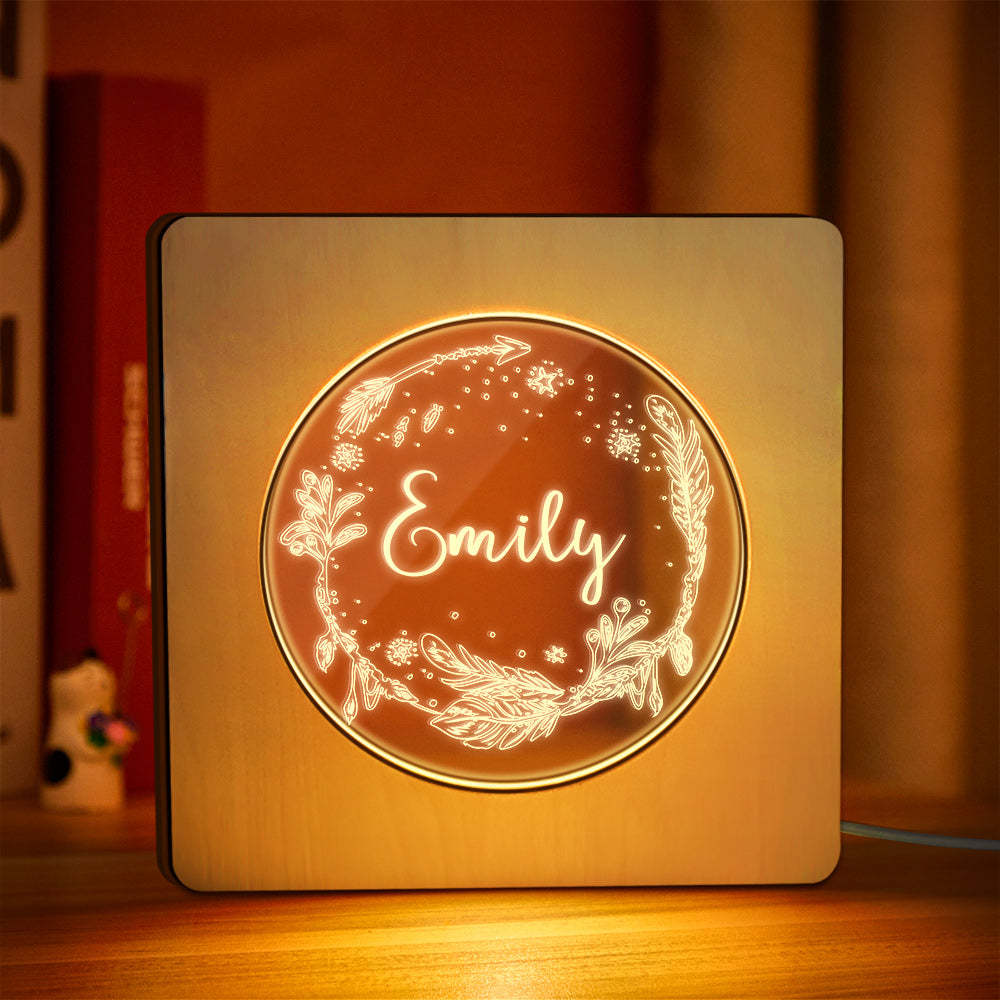 Custom Engraved Name Night Light Personalized Dream Feather Wooden Frame Lamp Gift - soufeelus