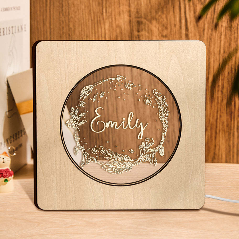 Custom Engraved Name Night Light Personalized Dream Feather Wooden Frame Lamp Gift - soufeelus